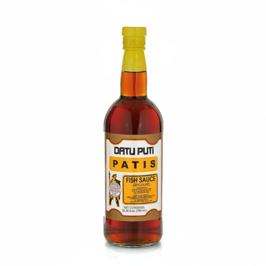 Bottle of Datu Puti Patis Fish Sauce on a white background